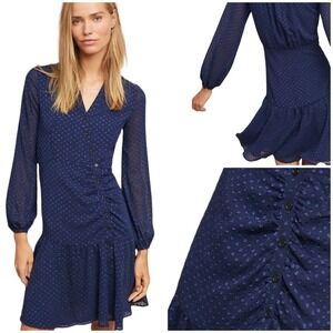 Yumi Kim Valencia Sheath Dress Blue Swiss Dot Button Ruffle Long Sleeve Small